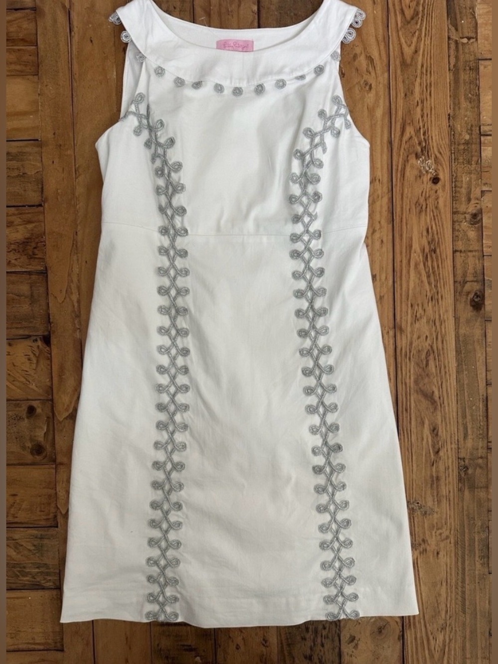 Lilly Pulitzer White Embroidered Shift Dress with silver embroidery